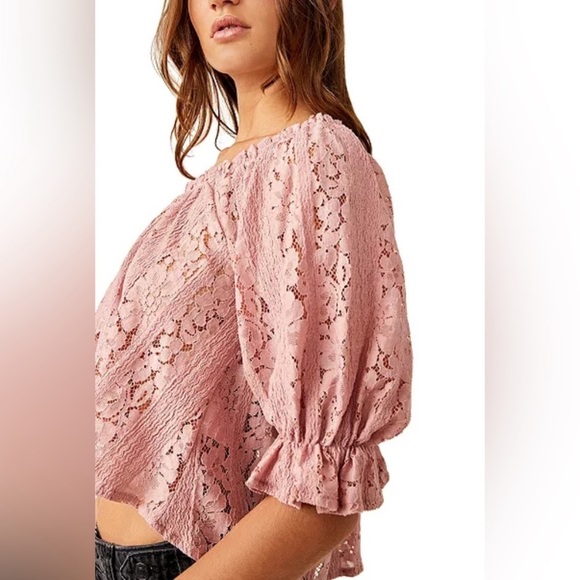 Free People Stacey Lace Blush Crop Puff Sleeve Relaxed Fit Top Size Small - Picture 5 of 15